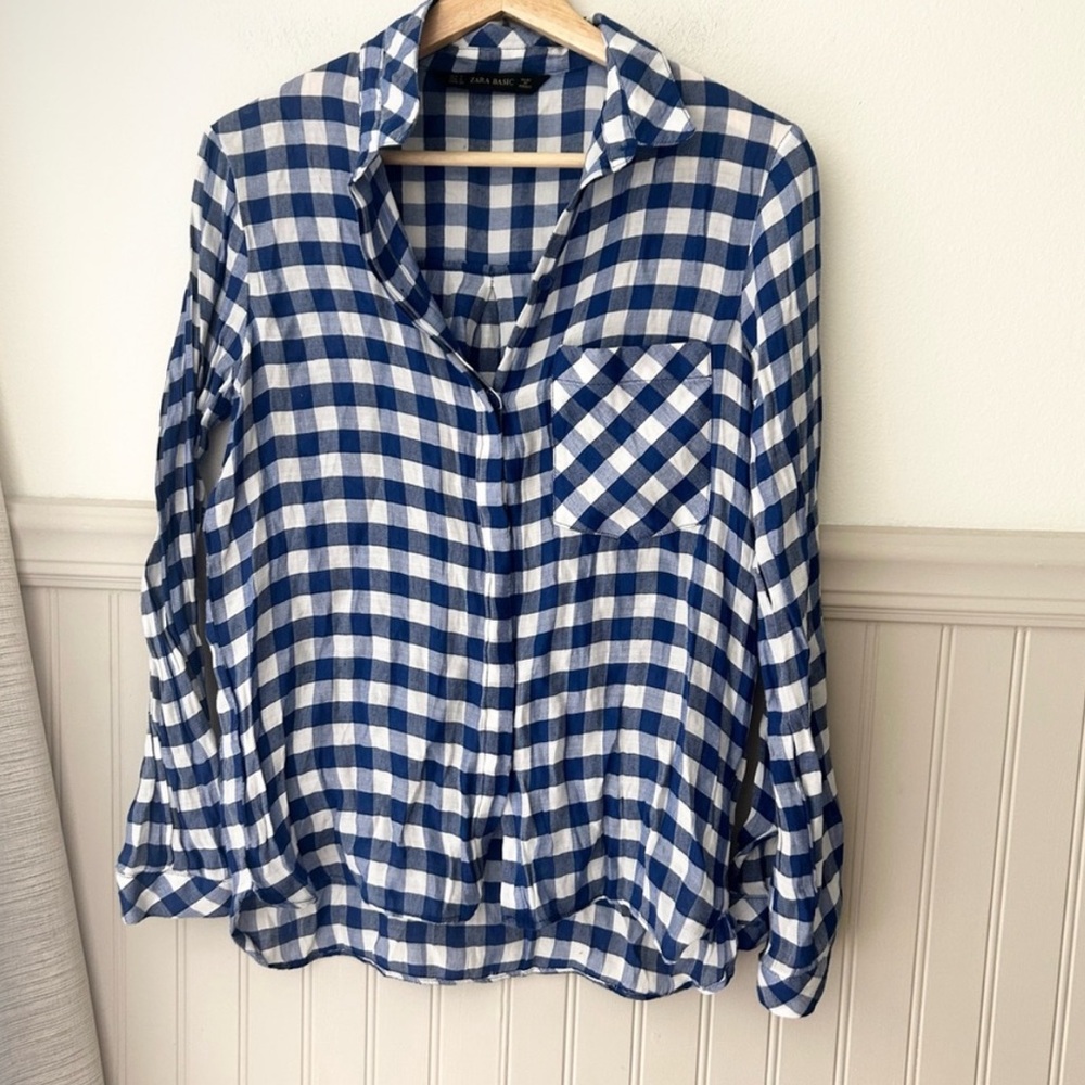 Zara Blue White Checkered Button Down Shirt Small Collared Pocket Classic Top